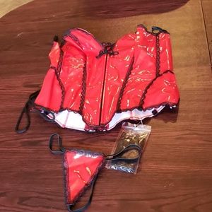 XL red vinal corset w/ matching thong and garter